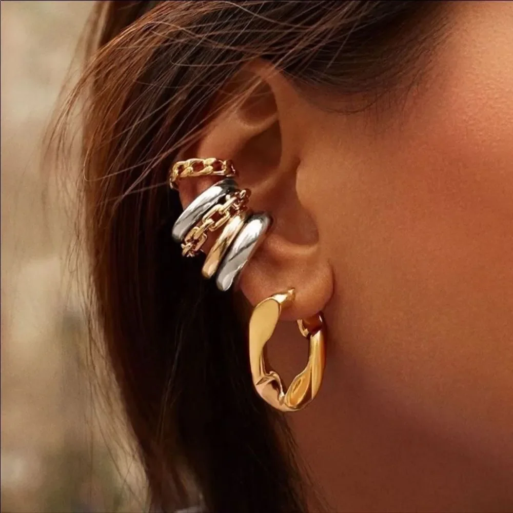 Stackable Gold Cuban Chunky Chain Ear Cuffs Earrings Jewelry NEW